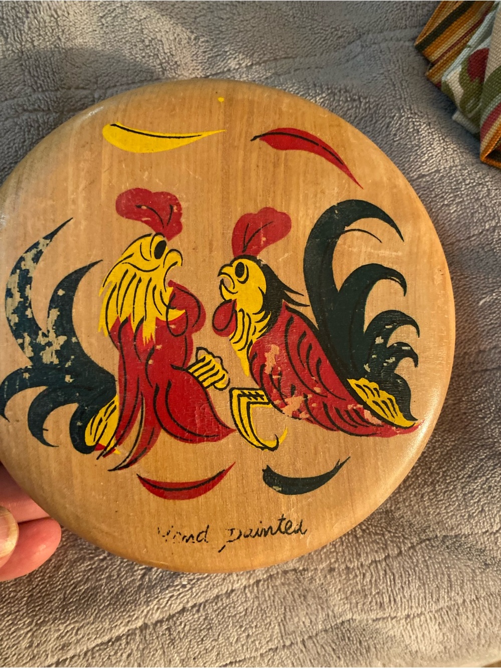 Hand-Painted Rooster Wooden hamburger press - Red, Yellow, Black